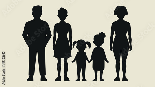 Silhouette of a Family Grouping Together Including Parents and Two Children