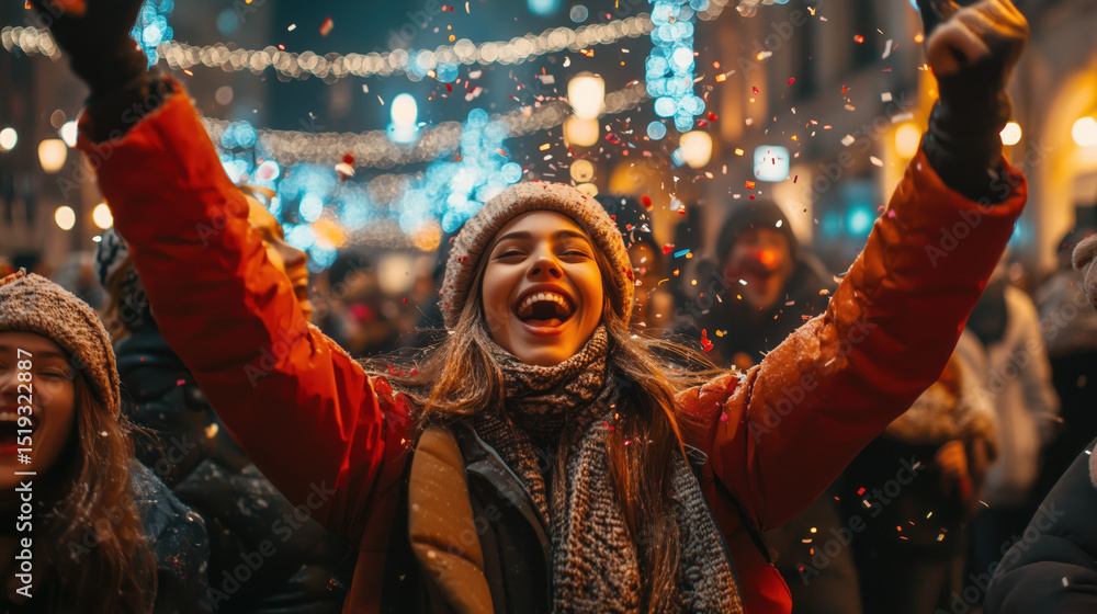 Obraz premium a diverse group of young adults cheering and throwing confetti in the air under festive lights during a New Year’s Eve celebration, everyone smiling and full of excitement