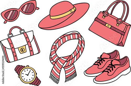 Colorful Fashion Accessories Illustrations Collection. Modern Style Fashion Accessories Illustration Set. Trendy Fashion Items and Accessories Colorful Illustrations. Clothing and Fashion Accessories