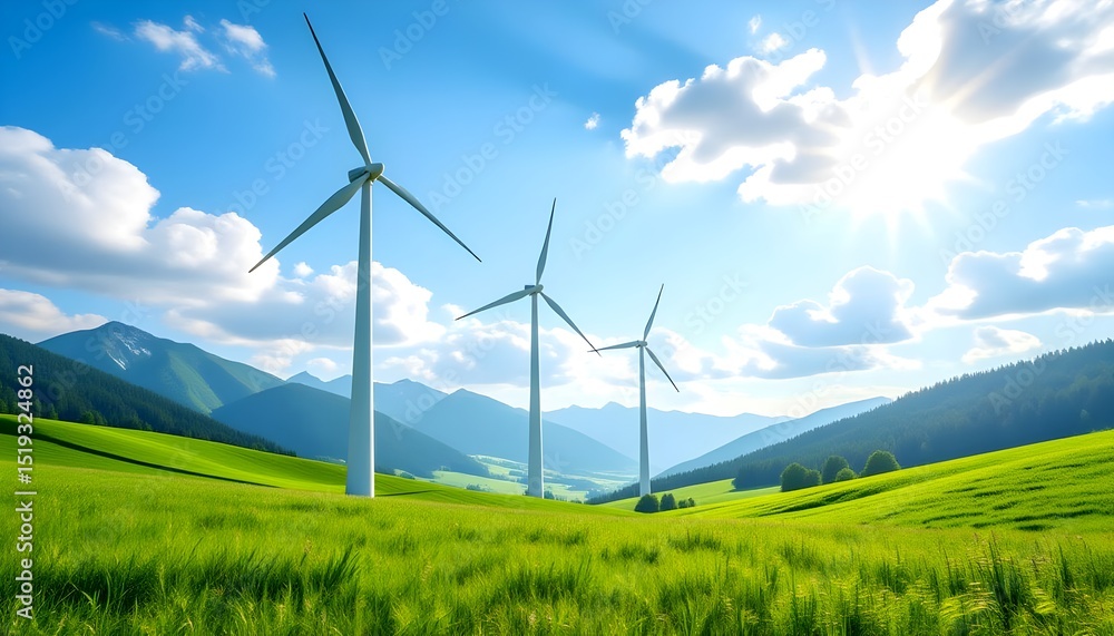 Wind turbines stand tall on vibrant green hills beneath a bright blue sky dotted with fluffy white clouds. Clean, renewable energy source. Wind turbines stand tall on vibrant green hills beneath a bright blue sky dotted with fluffy white clouds. Clean, renewable energy source.