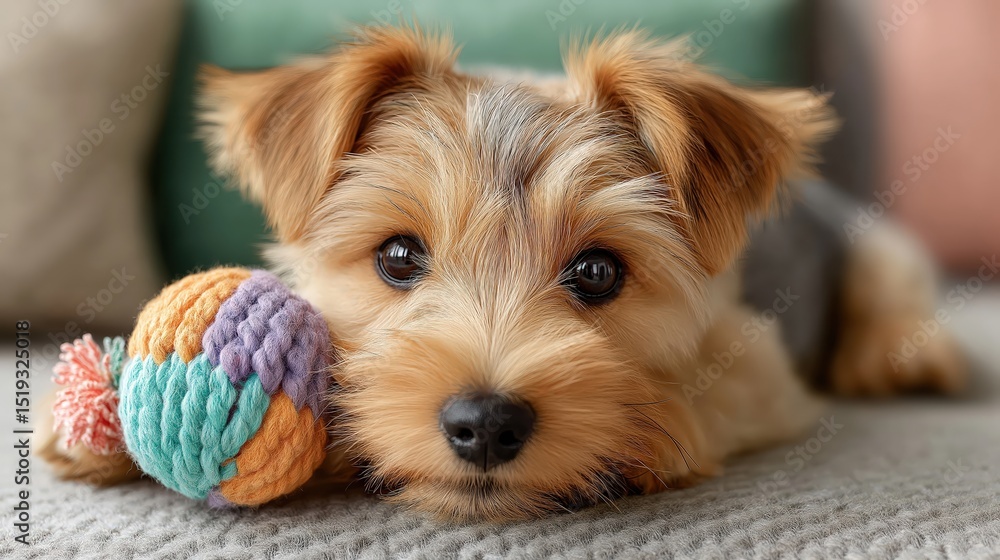 Cute puppy resting with colorful rope toy on a cozy bed
Cute puppy resting with colorful rope toy on a cozy bed