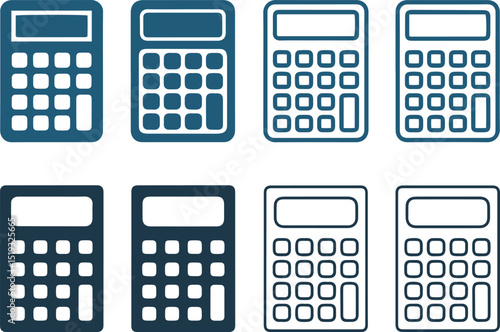 Eight Calculator Icons Solid, Outline Style Accounting Symbol on White Backdrop
