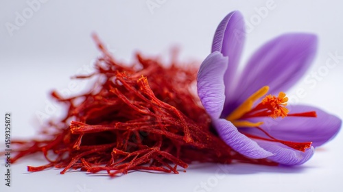 Close Up Of Saffron Flower And Threads On White Background