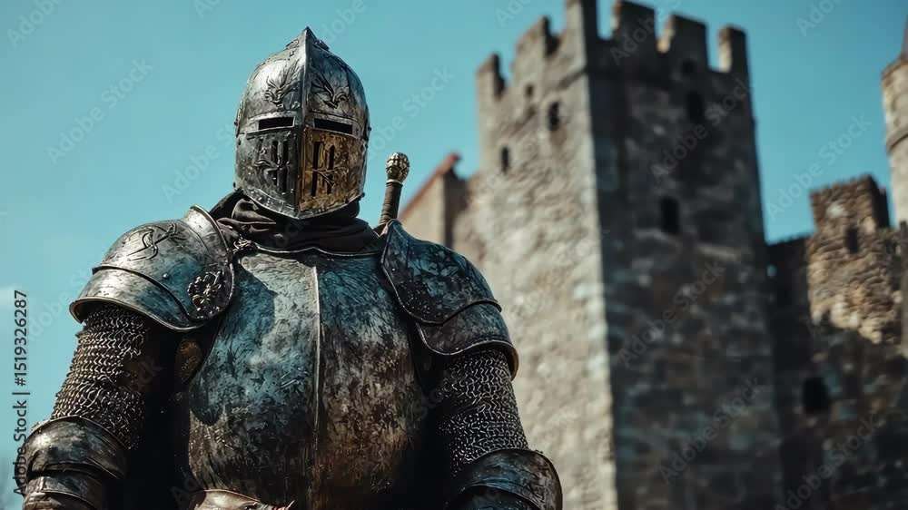 Medieval Knight in armor standing guard by a castle on a bright day. Ancient warrior with sword, ready for battle. Protection and defense concept. Medieval Knight in armor standing guard by a castle on a bright day. Ancient warrior with sword, ready for battle. Protection and defense concept.