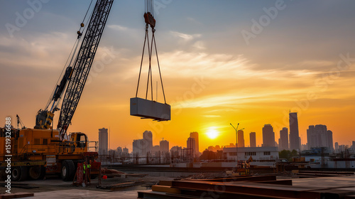 Crane lifts heavy material at sunset in city