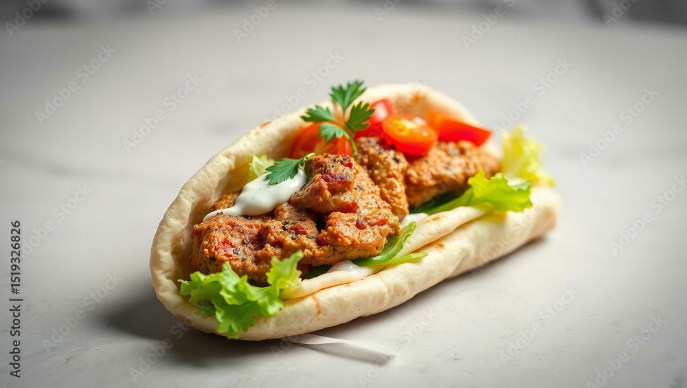 Traditional Arab chicken shawarma doner kebab with rolled in a pita wrap. Traditional Arab chicken shawarma doner kebab with rolled in a pita wrap.