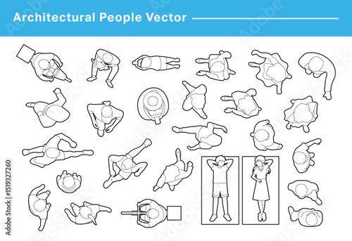 CAD Drawings. Set people outlines isolated on grey background. Sitting, walking, running. Top view. Vector illustration.