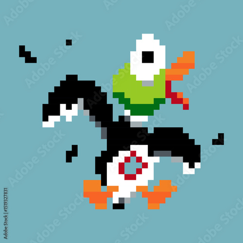 pixel art hunt go flying duck. duck is running away from something. design for all business.
