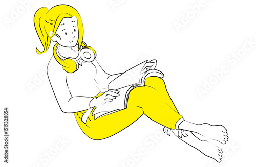 Woman relaxing and reading with headphones