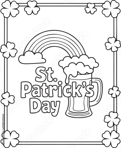 St patricks day with rainbow, glass of beer, shamrock leaf outline vector coloring page for kids