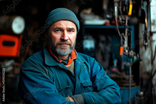 Portrait of a male auto mechanic in work clothes and hat, reliability, calm