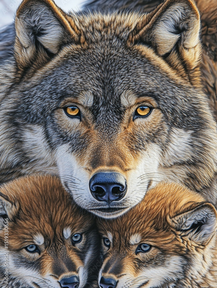 Fototapeta premium Wolf and pups in close-up