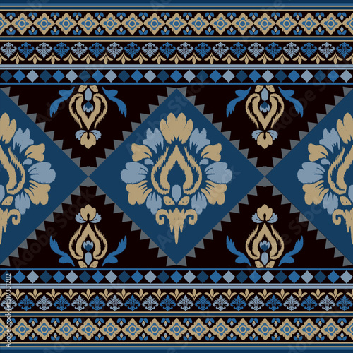 Traditional Thai textile design in diamond formation with gold and blue ornamental details on a black background, perfect for luxury-themed and cultural design projects.
