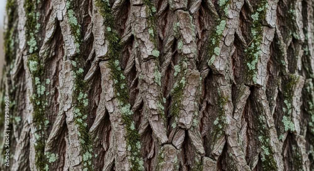 Obraz premium A close-up of a tree bark with moss, showcasing the texture and natural patterns. The background is blurred, emphasizing the bark's details.