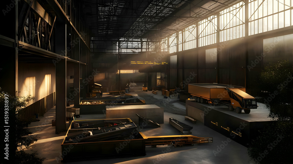 Obraz premium Sunlit Empty Industrial Warehouse Interior
