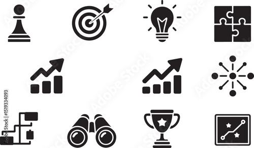 Dark Silhouette Strategy and Planning Icons Set on Black Backdrop for Business Development