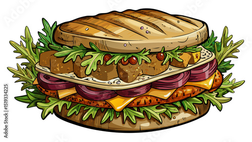 Rye bread stuffed with marinated tempeh, vegan cheese, sauerkraut, and Russian dressing, shown in crisp detail on white, offering a bold and savory plant-based deli sandwich.