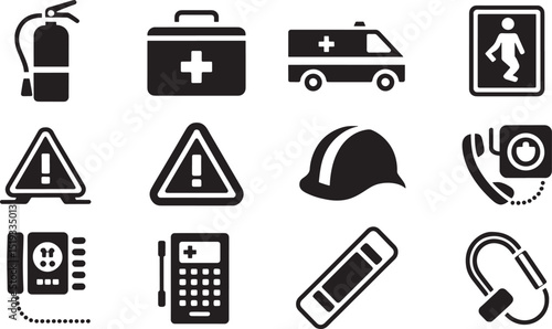 Safety First Aid Emergency Icons Set Vector Illustration Pictogram Symbol Signage Isolated on  Background