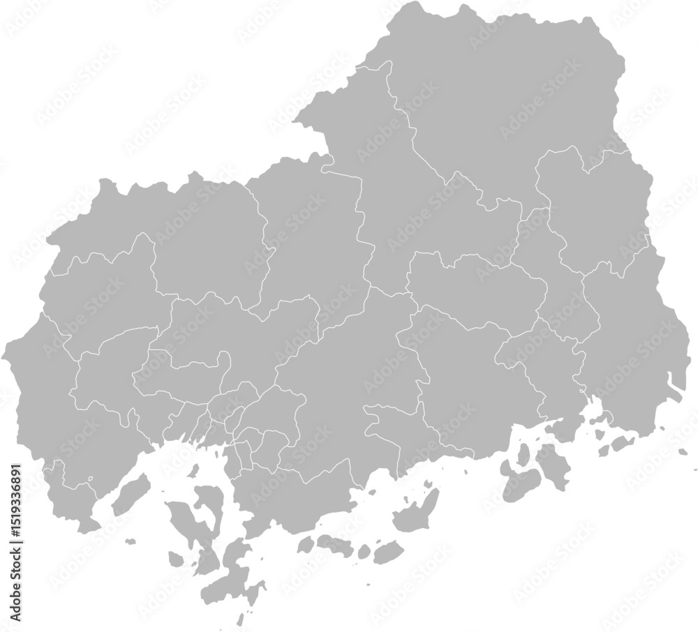 Obraz premium Hiroshima, Japan – administrative vector map with municipality boundaries (Web Mercator projection, PPT-compatible & fully editable)