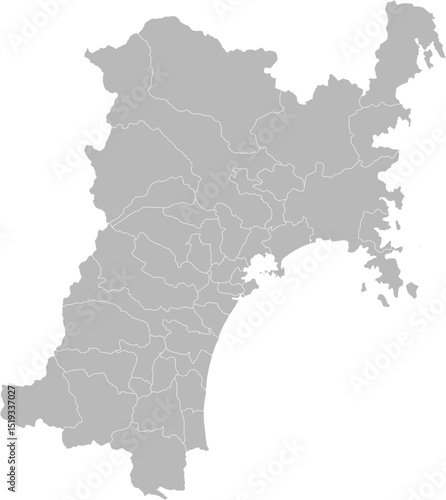 Miyagi, Japan – administrative vector map with municipality boundaries (Web Mercator projection, PPT-compatible & fully editable)
