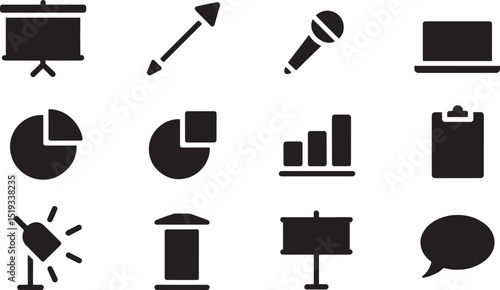 Black Silhouette Presentation Icons Set Projector Arrow Microphone Laptop Chart Clipboard