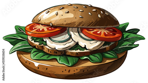 Thick grilled portobello mushroom cap with spinach, tomato, and vegan aioli on whole wheat bun, photographed in close-up against white background, spotlighting juicy texture and earthy flavors.