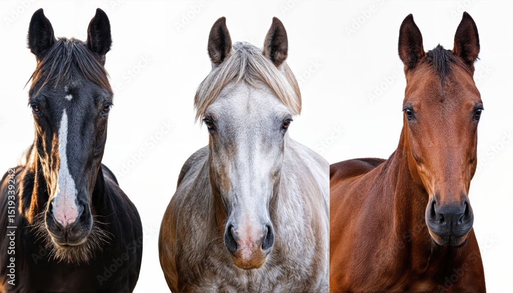 Obraz premium Vivid Equine Elegance Stunning Portraits of Horses in Black, Grey, Brown and White, Showcasing the Beauty and Versatility of Their Colours Against a Transparent Backdrop.