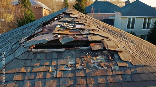Damaged rooftop tiles in suburban neighborhood