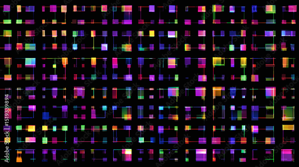 Obraz premium Colorful digital grid with neon pixel squares on black background, creating vibrant and dynamic abstract pattern with glowing rainbow hues and futuristic design elements