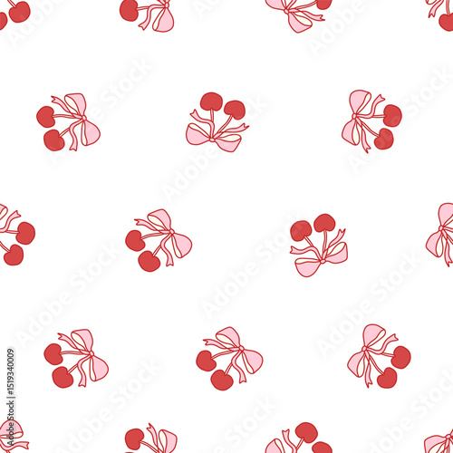 Coquette seamless pattern with red cherries tied with pink bows on white background. Cute and girly aesthetic for fabric, wrapping paper, stationery, digital design, and romantic projects. Vector art