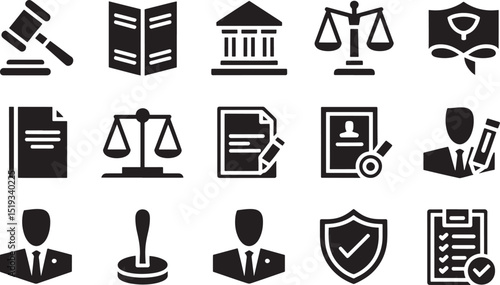 Flat Vector Icons Set Depicting Law and Justice Elements on a Background for Legal Services and Court Representation