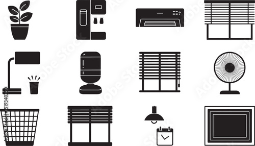 Flat Vector Icons of Office Interior Elements on Background for Professional Design Projects