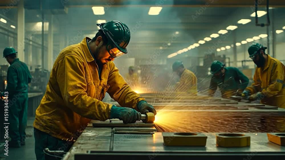 Factory workers welding metal Factory workers welding metal