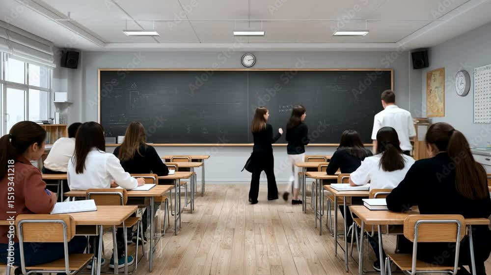 Students sitting at desks in modern classroom with large blackboard and teacher during active school lesson Students sitting at desks in modern classroom with large blackboard and teacher during active school lesson