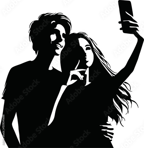 Silhouette of young couple taking selfie with phone
 vector isolated on white background