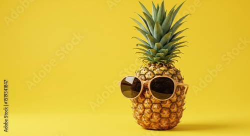A pineapple sports chic light-framed sunglasses, posing against a vivid plain yellow background