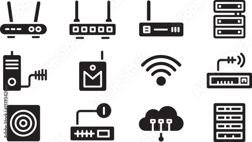 Simple Style Network and Communication Icons on  Backdrop for Connectivity and Data Transfer Illustration