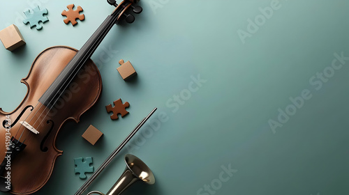 Violin And Musical Instruments On Light Teal Background With Puzzle Pieces