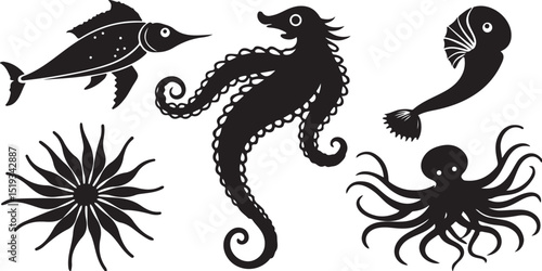 Vector set of sea animals featuring a tribal dragon and lion for a striking tattoo design