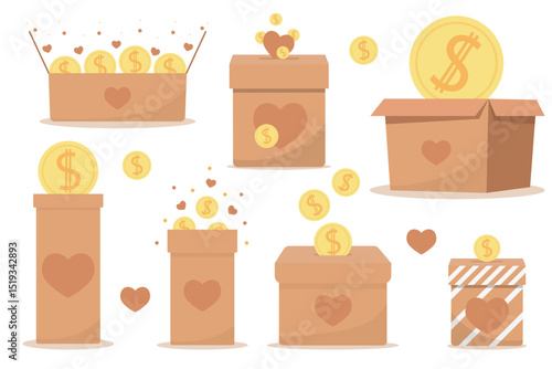 Charity donation box with coins and hearts. Money donate support and financial help