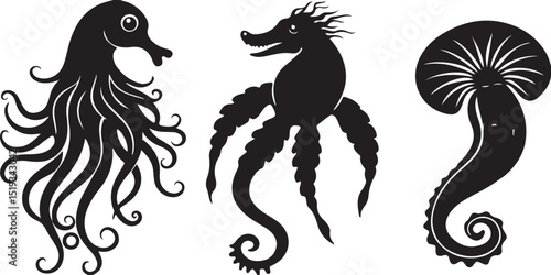 Vector sea animal silhouettes including a dragon, horse, and lion, for tattoo or logo design