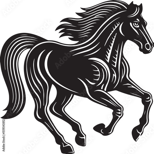 Black horse vector illustration and silhouette of a running wild stallion