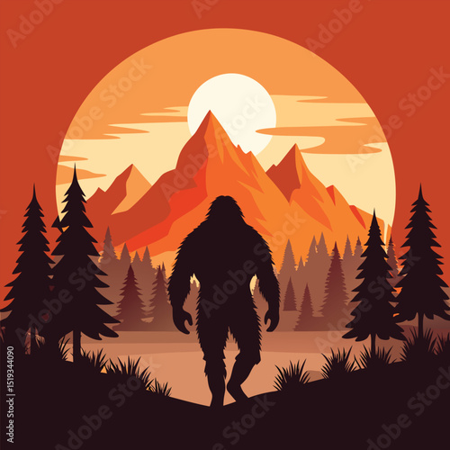 Bigfoot silhouette walking in a forest with mountains and sunset background