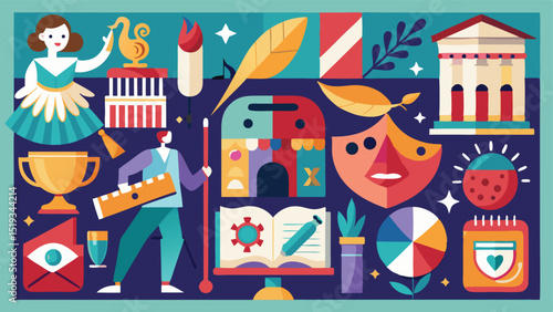 Colorful Illustration of Arts and Culture with Ballerina Theater and Writing Elements