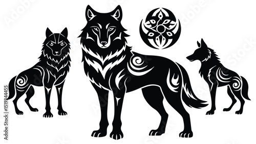 Stylized Black and White Wolves with Tribal Designs and Circular Ornament