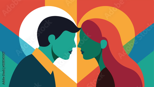 Stylized Illustration of a Couple in Love with Geometric Colorful Background