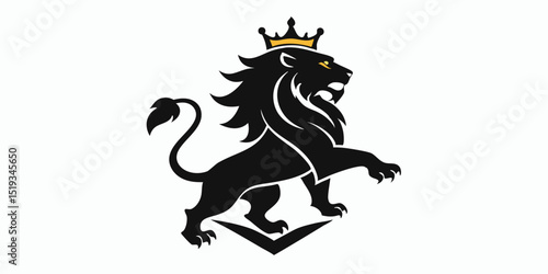 Heraldic Lion Rampant with Crown Black Silhouette on White Background