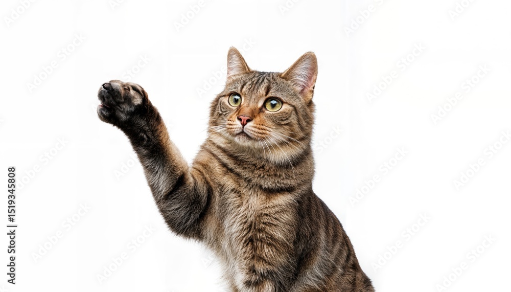 Obraz premium Isolated Feline Grace A Majestic Cat Raising Paw Against a Minimalistic Backdrop at Twilight, Embracing Serene Tranquility and Inquisitive Playfulness.