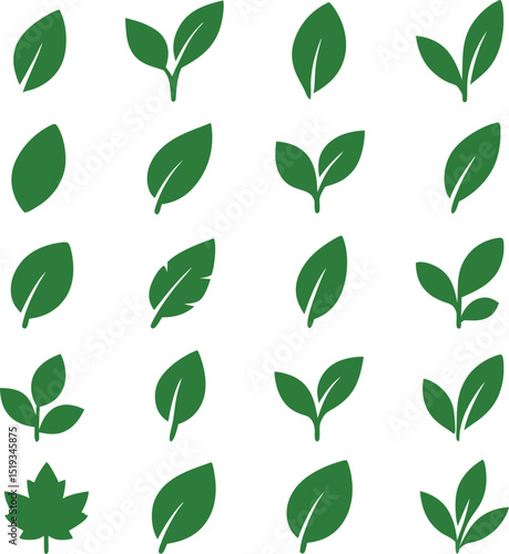 Green Leaf Icon Set – Minimalist Nature Eco Leaf Vector Pack

