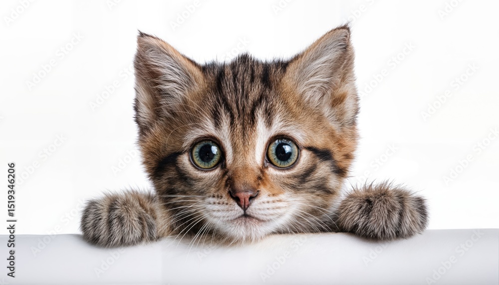 Obraz premium Playful Kitten Shyly Emerging from Paw on White Backdrop, Radiating Adorable Charm and Youthful Energy